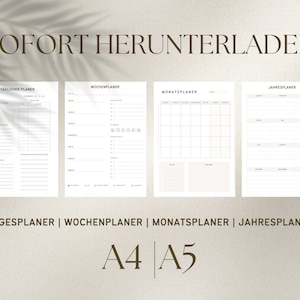 Könnte beinhalten: Vier druckbare Planerseiten in Schwarzweiß. Die Seiten sind mit "Tagesplaner", "Wochenplaner", "Monatsplaner" und "Jahresplaner" beschriftet. Der Text "SOFORT HERUNTERLADEN", "TAGESPLANER | WOCHENPLANER | MONATSPLANER | JAHRESPLANER" und "A4 A5" ist oben und unten auf den Seiten gedruckt.