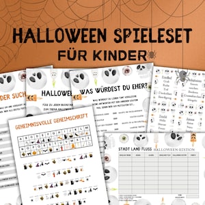 Könnte beinhalten: Ein Halloween-Spieleset für Kinder. Das Set enthält verschiedene Aktivitätsblätter mit gruseligen Grafiken wie Geistern, Fledermäusen und Spinnen. Der Text auf den Blättern enthält Sätze wie "Halloween" und "Geheimschrift".