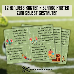 May include: A set of green cards with soccer field illustrations and text in German. The cards feature drawings of soccer players and treasure chests. The text on the cards includes phrases like "Your search leads you to a place where grass grows under your feet."