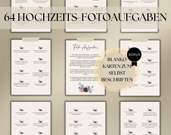 May include: 64 Wedding Photo Challenge Cards with a vintage camera design. The cards are beige with blue floral accents. The cards are blank and can be used to create custom photo challenges for a wedding.