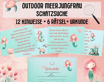 Zeemeermin-speurtocht voor kinderen om uit te printen, zeemeermin-speurtocht voor jarige kindermeisjes, buitenspelideeën in de tuin