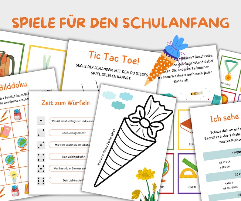 Op de afbeelding: Een set printbare spellen voor het begin van de school. De spellen omvatten "Tic Tac Toe", "Bilddoku", "Zeit zum W&uuml;rfeln" en "Ich sehe".