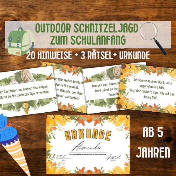 Schulanfang Schnitzeljagd zum Ausdrucken, Schatzsuche zur Einschulung mit 20 Hinweisen , Spiele zum Schulanfang, Schuleinführung Geschenk