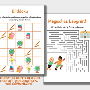 Op de afbeelding: Een printbaar werkblad met twee educatieve activiteiten voor kinderen. De eerste activiteit is een Sudoku-puzzel met schoolthema-afbeeldingen. De tweede activiteit is een doolhof met twee kinderen die proberen naar school te gaan.