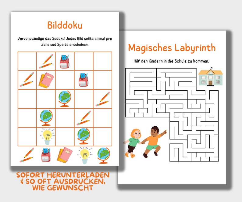 Op de afbeelding: Een printbaar werkblad met twee educatieve activiteiten voor kinderen. De eerste activiteit is een Sudoku-puzzel met schoolthema-afbeeldingen. De tweede activiteit is een doolhof met twee kinderen die proberen naar school te gaan.
