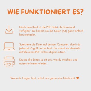 Op de afbeelding: Oranje tekst op een witte achtergrond legt uit hoe je een PDF-bestand kunt downloaden, opslaan en afdrukken. De tekst bevat de zin "WIE FUNKTIONIERT ES?", wat in het Nederlands vertaald wordt naar "Hoe werkt het?" De tekst bevat ook een downloadpijl, een laptop en een printer met een hart.