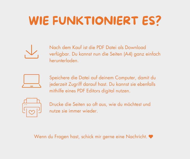Op de afbeelding: Oranje tekst op een witte achtergrond legt uit hoe je een PDF-bestand kunt downloaden, opslaan en afdrukken. De tekst bevat de zin "WIE FUNKTIONIERT ES?", wat in het Nederlands vertaald wordt naar "Hoe werkt het?" De tekst bevat ook een downloadpijl, een laptop en een printer met een hart.