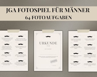 JGA Fotoaufgaben Männer, Fotospiel JGA, 64 Aufgaben für den Junggesellenabschied, Fotochallenge für unterwegs, Partyspiel zum Ausdrucken