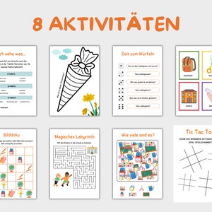 Op de afbeelding: Een set van acht printbare activiteitenbladen voor kinderen met verschillende spellen en activiteiten, waaronder een woordzoeker, een doolhof, een telspel en een tic-tac-toe-bord. De bladen zijn ontworpen om kinderen te helpen leren en tegelijkertijd plezier te hebben.