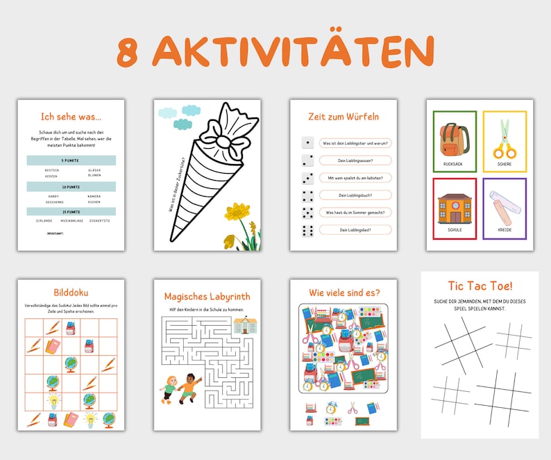 Op de afbeelding: Een set van acht printbare activiteitenbladen voor kinderen met verschillende spellen en activiteiten, waaronder een woordzoeker, een doolhof, een telspel en een tic-tac-toe-bord. De bladen zijn ontworpen om kinderen te helpen leren en tegelijkertijd plezier te hebben.