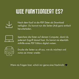 May include: A green background with white text and icons explaining how to download and use a PDF file. The text reads "WIE FUNKTIONIERT ES?" and provides instructions on downloading, saving, and printing the file.