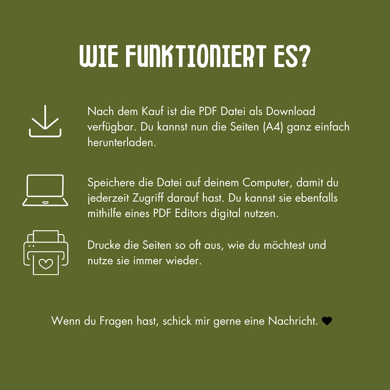 May include: A green background with white text and icons explaining how to download and use a PDF file. The text reads "WIE FUNKTIONIERT ES?" and provides instructions on downloading, saving, and printing the file.