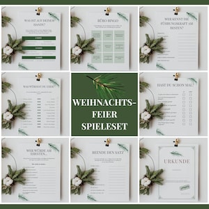 Könnte beinhalten: Ein Set druckbarer Weihnachtspartyspiele in Grün-Weiß. Die Spiele beinhalten "Was ist auf deinem Handy?", "Büro Bingo", "Wer kennt den Chef am besten?", "Was würdest du eher?", "Hast du schon mal?", "Wen würdest du eher...", "Beende den Satz" und "Urkunde".