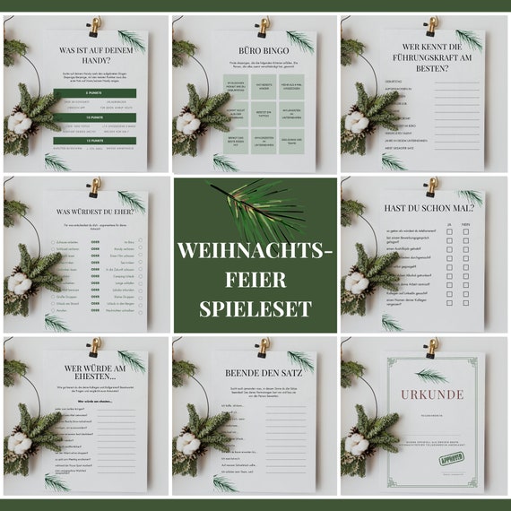 Weihnachtsfeier Spiele zum Ausdrucken, Lustige Spiele für die Firmen Weihnachtsfeier, Teambuilding Betrieb, 10 Partyspiele + Urkunde