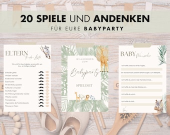 Puede incluir: Tres tarjetas imprimibles con temática de la jungla para un baby shower. La primera tarjeta es una lista de tareas para los padres, la segunda tarjeta es un cartel de bienvenida para un baby shower y la tercera tarjeta es una tarjeta de deseos para el bebé.