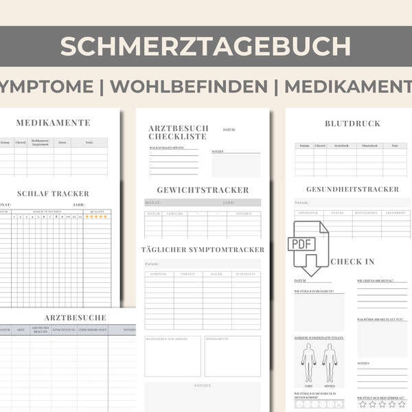 Schmerztagebuch Vorlage zum Ausdrucken, Schmerzprotokoll herunterladen, Chronische Schmerzen dokumentieren, Symptomtagebuch PDF, Download