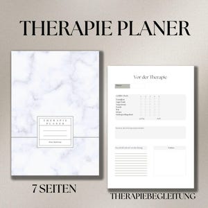 Puede incluir: Un planificador de terapia con diseño de mármol blanco con el texto "THERAPIE PLANER" en la parte superior. El planificador incluye una portada y una página abierta con secciones para sentimientos, temas y notas. El texto "7 SEITEN" también es visible.
