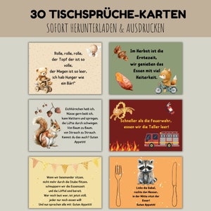 Könnte beinhalten: Set mit 30 druckbaren Tischkarten mit niedlichen Tierillustrationen und lustigen Sprüchen zum Essen. Die Karten zeigen einen Bären, ein Eichhörnchen, einen Fuchs, einen Tiger, einen Waschbären und ein Feuerwehrauto.