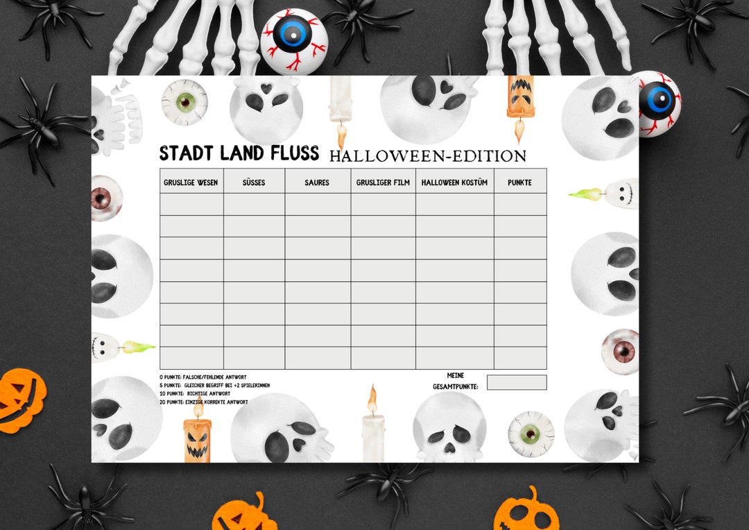 Halloween Spiel für Kinder und Erwachsene, Partyspiele Halloween Stadt Land Fluss, Halloween
