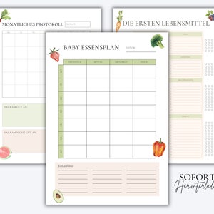 Peut inclure: Journal alimentaire pour bébé imprimable avec un schéma de couleurs vert, blanc et rose. Le journal comprend des sections pour suivre les premiers aliments du bébé, un journal alimentaire mensuel et un planificateur de repas. Le journal est décoré d'illustrations à l'aquarelle de fruits et de légumes.