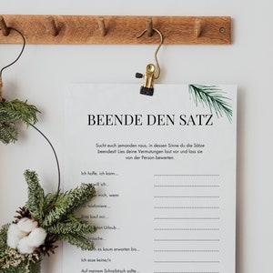 Może przedstawiać: Biała kartka papieru z tekstem "BEENDE DEN SATZ" wydrukowanym czarnym kolorem u g&oacute;ry. Tekst poniżej instruuje użytkownika, aby wybrał kogoś i dokończył zdania, a następnie przeczytał je na głos i poprosił tę osobę o ocenę swoich przypuszczeń. Zdania są następujące: "Ich hoffe, ich kann...", "Heute will ich...", "Ich freue mich, wenn...", "Ich telefoniere...", "Bitte kauf mir...", "Ich brauche...", "Ich kann es kaum erwarten bis...", "Ich esse keine/n...", "Auf meinem Schreibtisch sollte...", "Ich sch&auml;tze mein Team, weil..."