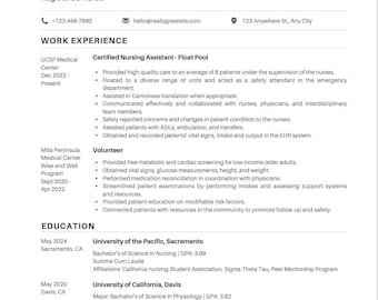 May include: A resume for Jane Doe, a Registered Nurse, with contact information and details of work experience, volunteer work, education, licenses, certifications, and clinical rotations. The document is black text on a white background.