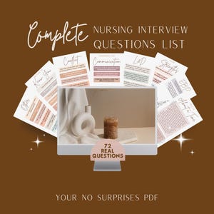 Puede incluir: Un producto digital titulado "Lista completa de preguntas para entrevistas de enfermería" con el texto "72 preguntas reales". La imagen presenta una pantalla de computadora rodeada de tarjetas con temas de entrevista. Un jarrón blanco y una vela están sobre una mesa.