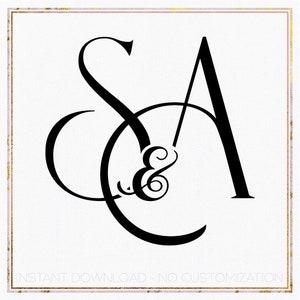 Könnte beinhalten: Schwarz-weißes Monogramm-Design mit den Buchstaben "S" und "A", die mit einem Und-Zeichen ineinander verschlungen sind. Die Buchstaben sind mit einem dekorativen Schwung gestaltet.
