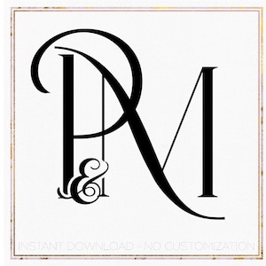 Puede incluir: Monograma en blanco y negro con las letras "P" y "M" entrelazadas. Las letras están en una fuente de escritura y el símbolo "&" está entre las letras.