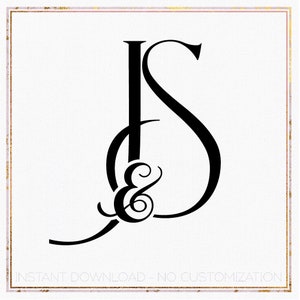 May include: Black and white monogram featuring the letters "J" and "S" intertwined with an ampersand in the centre. The letters are in a stylised font. The text "INSTANT DOWNLOAD - NO CUSTOMIZATION" is at the bottom of the image.