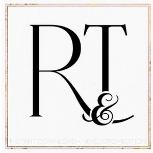 May include: A minimalist design featuring the letters "RT" in bold black font, with an ampersand. The design is set against a white background with a gold and pink border. Text at the bottom reads "INSTANT DOWNLOAD - NO CUSTOMIZATION."