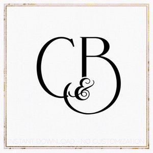 Könnte beinhalten: Schwarz-weißes Monogramm-Design mit den Buchstaben "C" und "B", die mit einem Ampersand-Symbol ineinander verschlungen sind. Die Buchstaben sind stilisiert und elegant und eignen sich für Hochzeits- oder Jubiläumseinladungen.