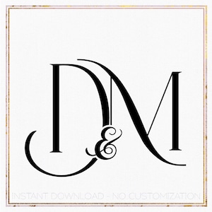Könnte beinhalten: Schwarz-weißes Monogramm mit den Buchstaben D und M, die mit einem kaufmännischen Und im Zentrum ineinander verschlungen sind. Die Buchstaben sind in einer stilisierten Schriftart.