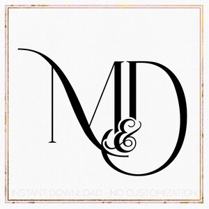 Peut inclure: Monogramme noir et blanc avec les lettres "M" et "D" entrelacées avec un esperluette au centre. Les lettres sont dans une police d'écriture cursive stylisée.