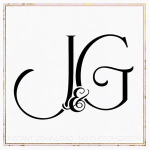 May include: Black and white monogram with the letters J and G intertwined with an ampersand between them. The letters are in a script font.