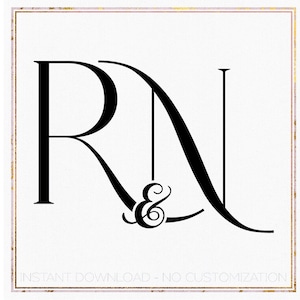 Peut inclure: Monogramme en noir et blanc avec les lettres "R" et "N" entrelacées avec un esperluette au centre. Le texte "INSTANT DOWNLOAD - NO CUSTOMIZATION" est en bas de l'image.