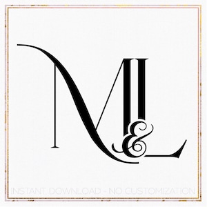以下が含まれることがあります： 「M」と「L」の文字と、その間にアンパサンド記号が配置された、黒と白のモノグラムデザイン。文字は装飾的な飾りでスタイリッシュにデザインされています。