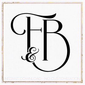 Puede incluir: Diseño de monograma negro con las letras "FB" y un símbolo de ampersand. Las letras están en un estilo de escritura audaz y elegante, sobre un fondo blanco con un borde dorado. El texto "INSTANT DOWNLOAD - NO CUSTOMIZATION" está en la parte inferior.