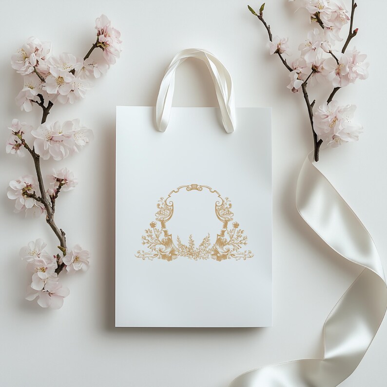 May include: White gift bag with a gold ornate frame design. The bag has a white satin ribbon tied around it.