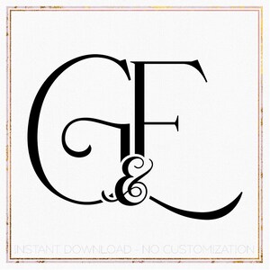 Puede incluir: Diseño de monograma en blanco y negro con las letras G y F con un símbolo de ampersand entre ellas. Las letras están estilizadas en una fuente de escritura.