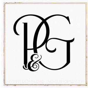 Puede incluir: Monograma en blanco y negro con las letras "P" y "G" entrelazadas con un símbolo de ampersand en el centro. Las letras están en una fuente cursiva. El texto "INSTANT DOWNLOAD - NO CUSTOMIZATION" está en la parte inferior de la imagen.