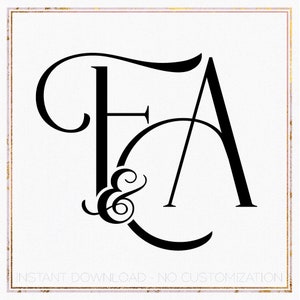 Puede incluir: Monograma en blanco y negro con las letras "F" y "A" entrelazadas con un símbolo de ampersand en el centro. Las letras están en una fuente de letra cursiva estilizada. El texto "INSTANT DOWNLOAD - NO CUSTOMIZATION" está en la parte inferior de la imagen.
