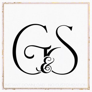 May include: Black and white monogram with the letters "G" and "S" intertwined with an ampersand in the center. The letters are in a script font. The text "INSTANT DOWNLOAD - NO CUSTOMIZATION" is below the monogram.
