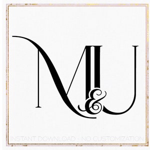 May include: Black and white monogram design featuring the letters "M" and "U" with an ampersand symbol between them. The letters are stylized and connected with a decorative flourish. The text "INSTANT DOWNLOAD - NO CUSTOMIZATION" appears below the monogram.