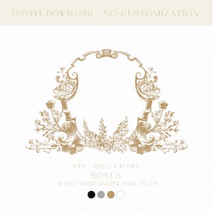 May include: A gold ornate frame with floral details. The frame is empty and ready for text or an image. The frame is a digital download and includes EPS, SVG, AI, and PNG files.