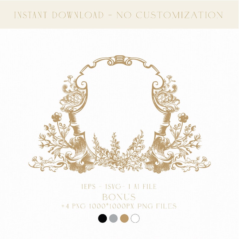 May include: A gold ornate frame with floral details. The frame is empty and ready for text or an image. The frame is a digital download and includes EPS, SVG, AI, and PNG files.
