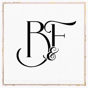 Puede incluir: Monograma en blanco y negro con las letras "R" y "F" entrelazadas. Las letras están en una fuente de letra cursiva estilizada. El símbolo "&" está entre las letras.