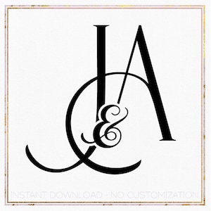 May include: Black monogram design featuring the letters J, A, and C, with an ampersand symbol. The design is set against a white background with a gold and pink border. Text at the bottom reads "INSTANT DOWNLOAD - NO CUSTOMIZATION."