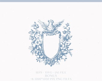 Monogramme d'écusson de mariage vintage, cadre oiseau floral (téléchargement numérique)
