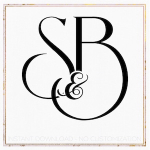 May include: Black monogram design featuring the letters "SB" and "C&E" with an ampersand. The design is set against a white background with a gold and pink border. The text "INSTANT DOWNLOAD - NO CUSTOMIZATION" is at the bottom.